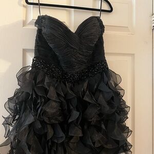 SHERRI HILL Sz14 Black Strapless Beaded Embellished Strapless Ruffle Mini (sz14